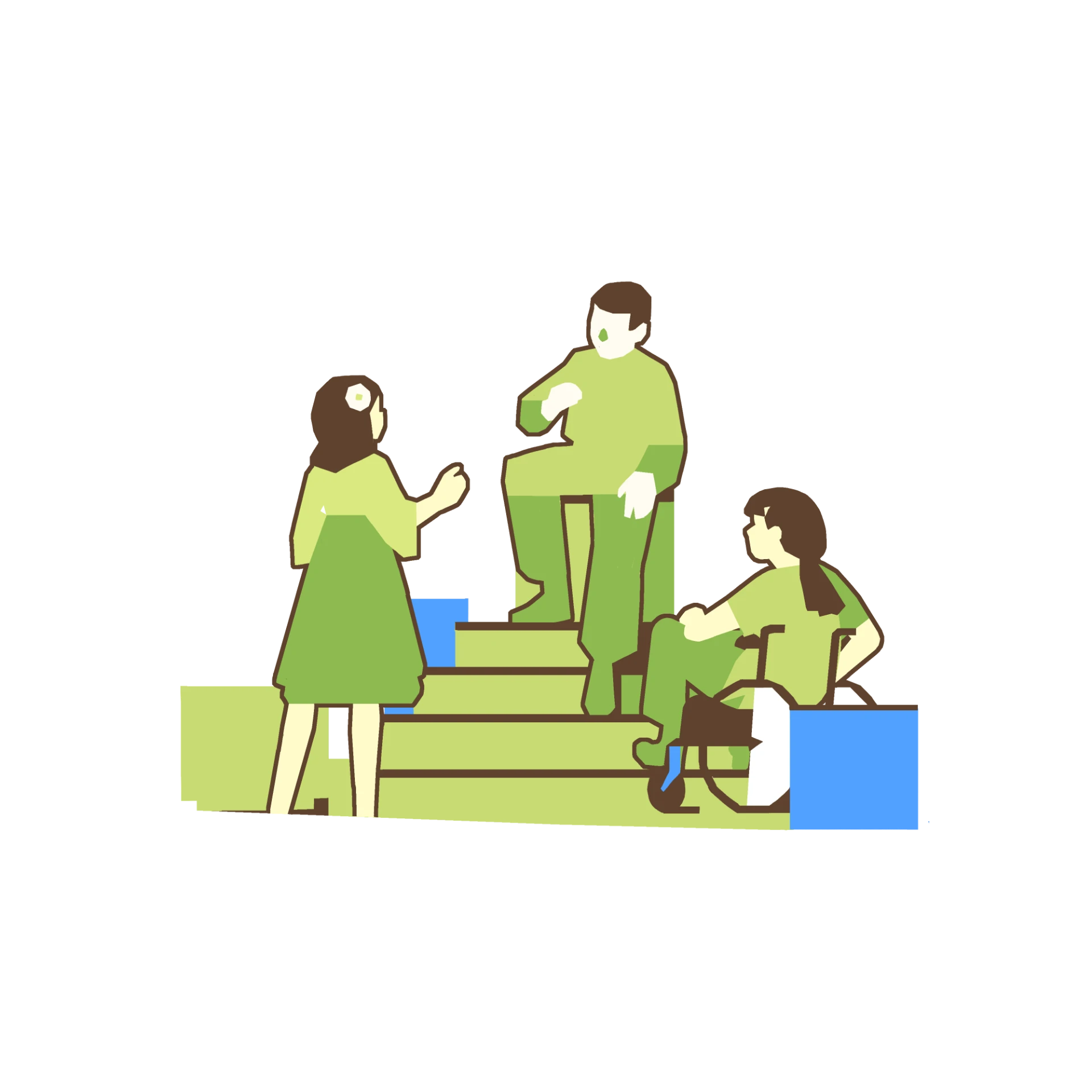 Three people chatting on wide steps, one using a wheelchair.